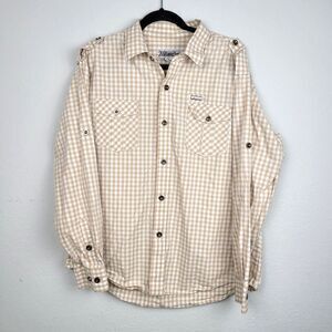 Ablanche Men's XL Plaid Cream White Long Sleeve Button Down Shirt Pockets